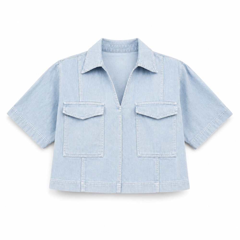 SUNLAND17 Size Large V-Neck Cropped Light Washed Denim Boxy Utility Shirt
